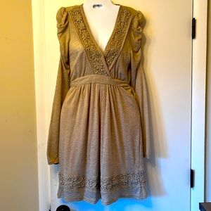 Altar’d State Cotton Boho Dress, small, long sleeve, tie waist, v-neck, beige